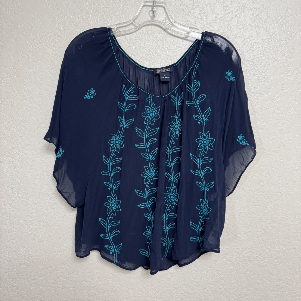 Lucky Brand Blouse Womens Medium Blue Embroidered Boho Flutter Sleeve Sheer